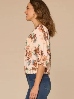 Blouson Sleeve Scoop Neck Bubble Hem Floral Print Plus Size Woven Top
