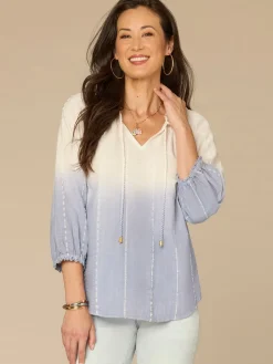 Blouson Sleeve Split Neck Ombre Petite Woven Top with Tie