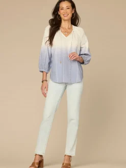 Blouson Sleeve Split Neck Ombre Petite Woven Top with Tie
