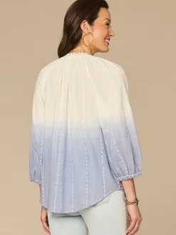 Blouson Sleeve Split Neck Ombre Petite Woven Top with Tie