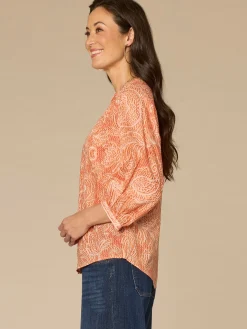 Blouson Sleeve Stand Collar Button Down Printed Petite Woven Top