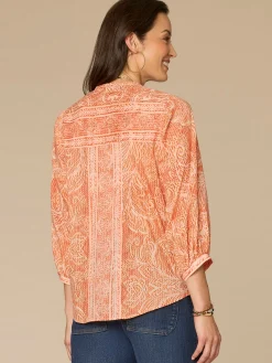 Blouson Sleeve Stand Collar Button Down Printed Petite Woven Top