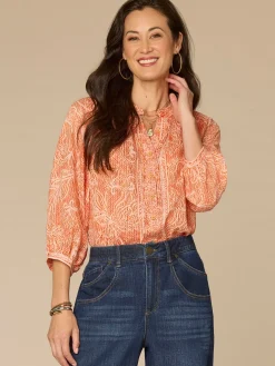 Blouson Sleeve Stand Collar Button Down Printed Petite Woven Top