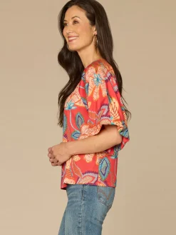 Bubble Bell Sleeve V-Neck Floral Printed Woven Top with O-Ring
