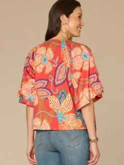Bubble Bell Sleeve V-Neck Floral Printed Woven Top with O-Ring