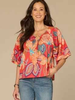 Bubble Bell Sleeve V-Neck Floral Printed Petite Woven Top with O-Ring