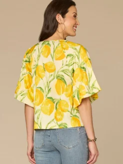Bubble Bell Sleeve V-Neck Lemon Printed Woven Top with O-Ring