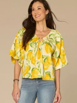 Bubble Bell Sleeve V-Neck Lemon Printed Woven Top with O-Ring