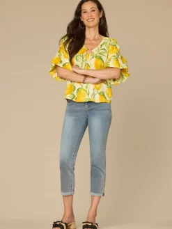 Bubble Bell Sleeve V-Neck Lemon Printed Woven Top with O-Ring