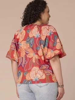 Bubble Sleeve V-Neck Floral Printed Plus Size Woven Top with O-Ring