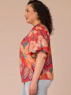 Bubble Sleeve V-Neck Floral Printed Plus Size Woven Top with O-Ring