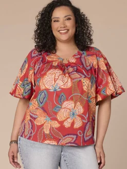 Bubble Sleeve V-Neck Floral Printed Plus Size Woven Top with O-Ring