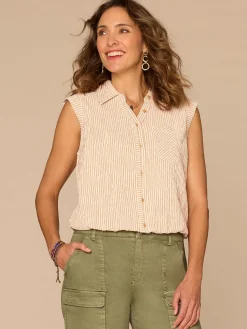Cap Sleeve Collared Button Down Placket Spliced Stripe Woven Top