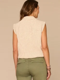 Cap Sleeve Collared Button Down Placket Spliced Stripe Woven Top