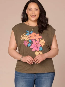 Cap Sleeve Scoop Neck Asymmetrical Ruching Printed Plus Size Knit Top