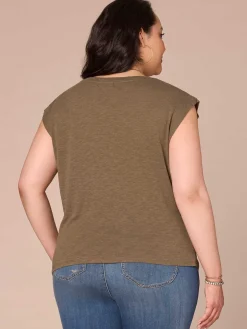 Cap Sleeve Scoop Neck Asymmetrical Ruching Printed Plus Size Knit Top