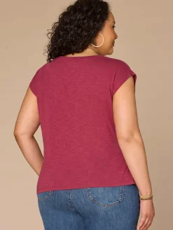 Cap Sleeve Scoop Neck Asymmetrical Ruching Printed Plus Size Knit Top