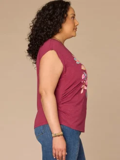 Cap Sleeve Scoop Neck Asymmetrical Ruching Printed Plus Size Knit Top