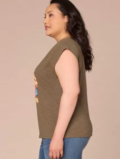 Cap Sleeve Scoop Neck Asymmetrical Ruching Printed Plus Size Knit Top