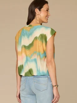 Cap Sleeve Scoop Neck Bubble Hem Placement Print Petite Knit Top