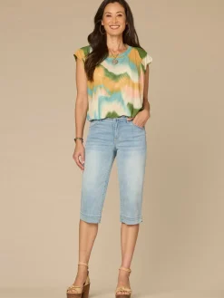 Cap Sleeve Scoop Neck Bubble Hem Placement Print Petite Knit Top