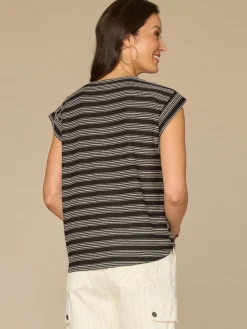 Cap Sleeve Scoop Neck Embroidered Stripe Knit Top