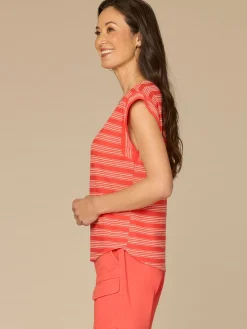 Cap Sleeve Scoop Neck Embroidered Stripe Knit Top