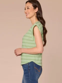 Cap Sleeve Scoop Neck Embroidered Stripe Knit Top