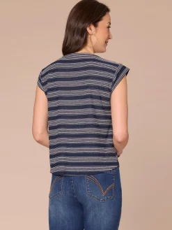 Cap Sleeve Scoop Neck Embroidered Stripe Knit Top