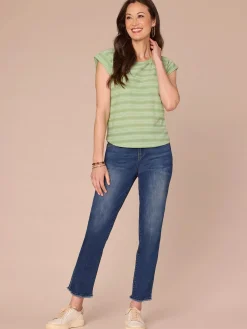 Cap Sleeve Scoop Neck Embroidered Stripe Knit Top