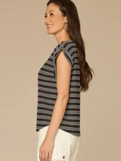 Cap Sleeve Scoop Neck Embroidered Stripe Knit Top