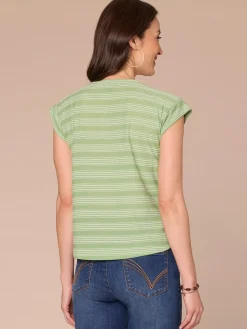 Cap Sleeve Scoop Neck Embroidered Stripe Knit Top