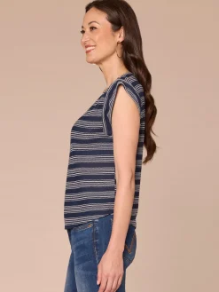 Cap Sleeve Scoop Neck Embroidered Stripe Knit Top