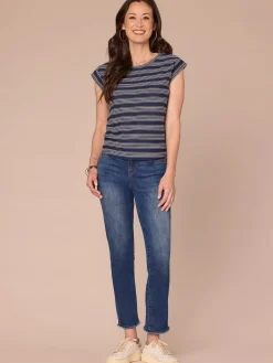 Cap Sleeve Scoop Neck Embroidered Stripe Knit Top