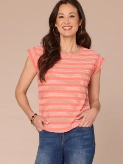 Cap Sleeve Scoop Neck Embroidered Stripe Knit Top