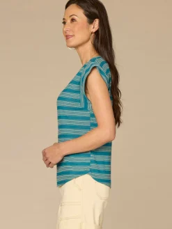 Cap Sleeve Scoop Neck Embroidered Stripe Knit Top