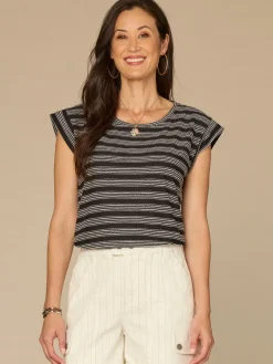 Cap Sleeve Scoop Neck Embroidered Stripe Knit Top