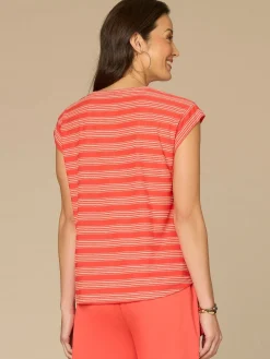 Cap Sleeve Scoop Neck Embroidered Stripe Knit Top