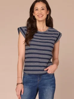 Cap Sleeve Scoop Neck Embroidered Stripe Knit Top