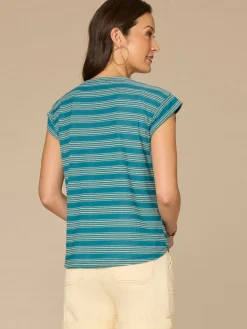 Cap Sleeve Scoop Neck Embroidered Stripe Knit Top