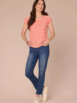 Cap Sleeve Scoop Neck Embroidered Stripe Knit Top