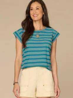 Cap Sleeve Scoop Neck Embroidered Stripe Knit Top