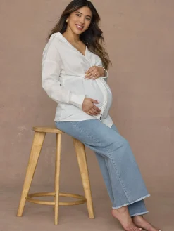 CradleComfort Baby Bump Round Up Fray Hem Maternity Wide Leg Jeans
