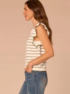 Crochet Ruffle Sleeve Round Neck Striped Sweater Top