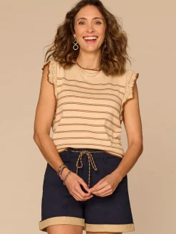 Crochet Ruffle Sleeve Round Neck Striped Sweater Top