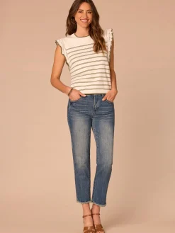 Crochet Ruffle Sleeve Round Neck Striped Sweater Top