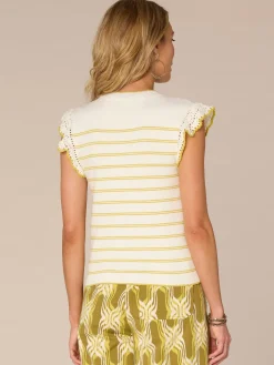 Crochet Ruffle Sleeve Round Neck Striped Sweater Top