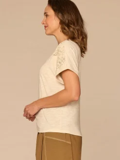 Dolman Sleeve Scoop Neck Lace Placket Mixed Media Knit Top