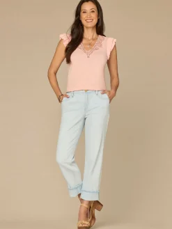 Double Ruffle Cap Sleeve Crochet V-Neck Surplus Hem Knit Top
