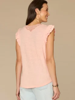 Double Ruffle Cap Sleeve Crochet V-Neck Surplus Hem Knit Top